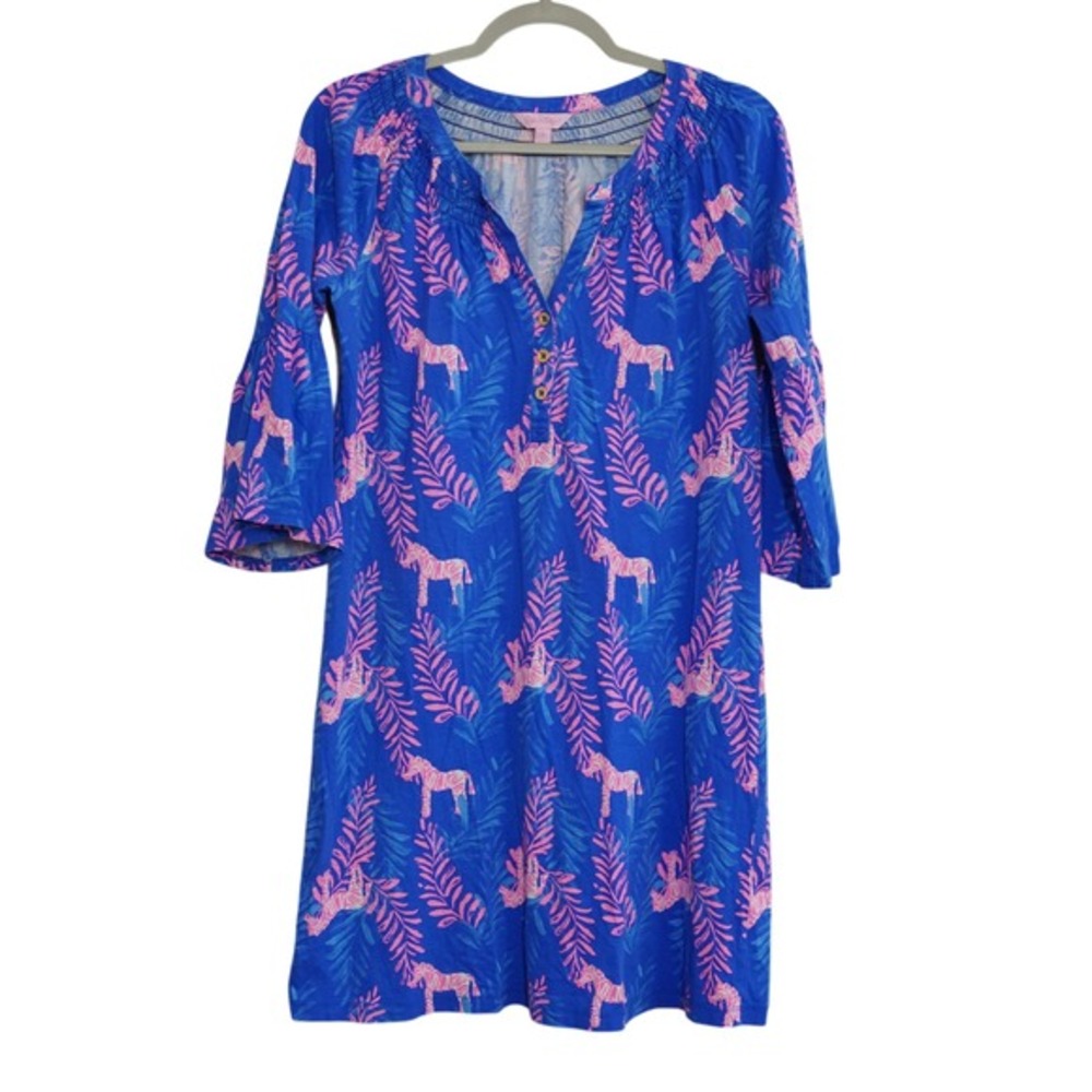 Lilly Pulitzer Small Mini Dress Blue Pink Zebra Palm Pima Cotton Bell Sleeve